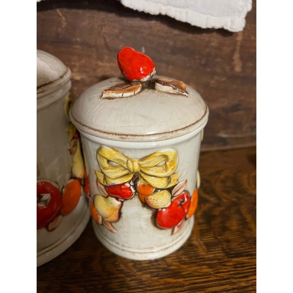 VTG Napcoware Japan 4 Piece Ceramic Fruit Canister Set Cream Grannycore